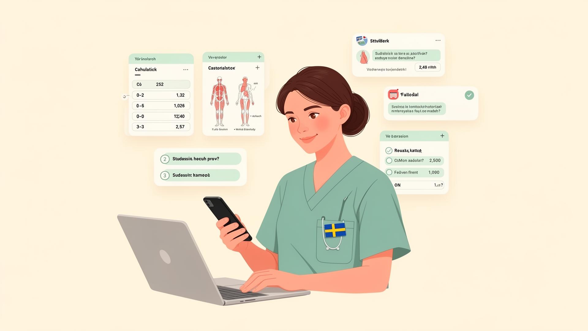 Sjuksköterskestudent som studerar med Sskstudenten på laptop och telefon